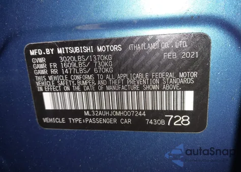 2021 Mitsubishi Mirage Carbonite Edition/Es/Le from USA, damaged, VIN ML32AUHJ0MH007244